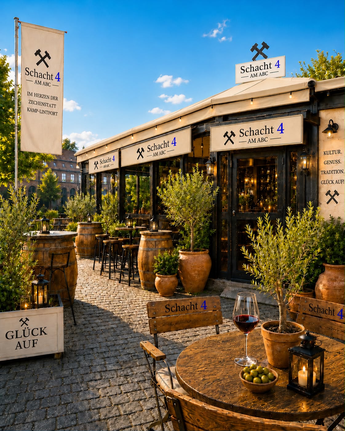 Schacht 4 am ABC — Außenterrasse mit Weinfässern und Olivenbäumen, Kamp-Lintfort